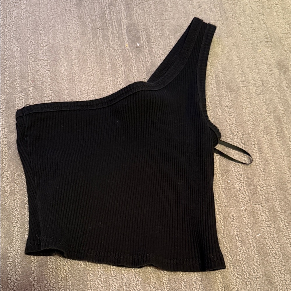 Black Ribbed One-Shoulder Top